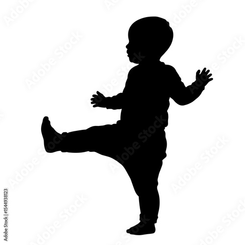 Silhouette of baby kicking leg on white background, infant activity movement