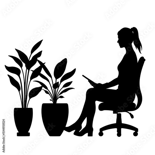 Silhouette of counselor in plant-filled space on white background, soothing environment