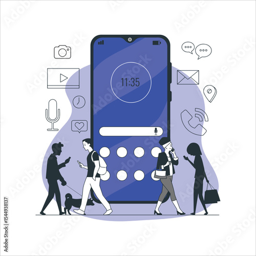 people walking around a smartphone with icons around it