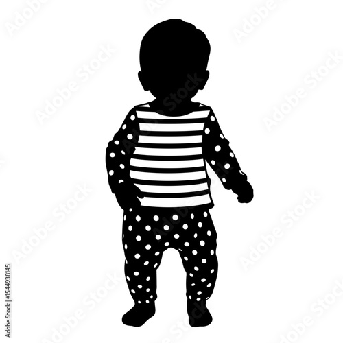 Silhouette of baby in stripe and dot ensemble, black and white style, infant fashion
