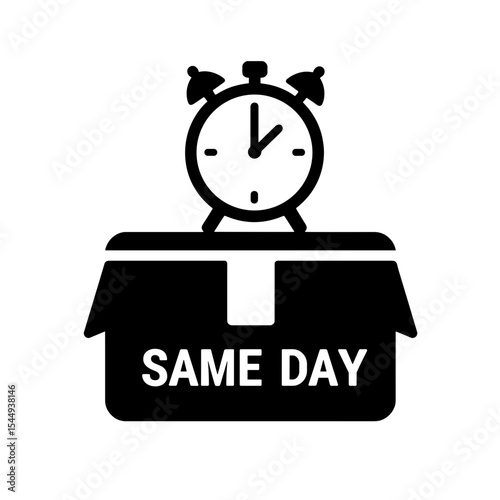 Silhouette clock on package with "same day" label, fast delivery icon