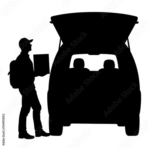 Silhouette of delivery driver with boxes loading van, logistics and transportation
