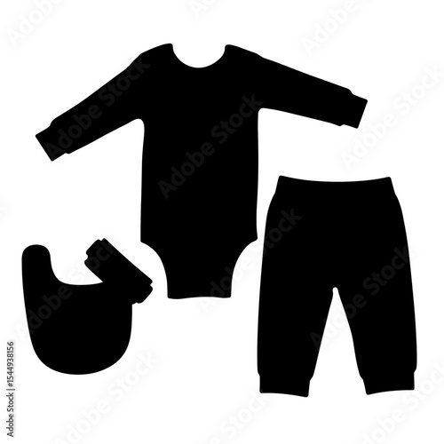 Silhouette of baby clothing set with bib and diaper on white background, infant essentials
