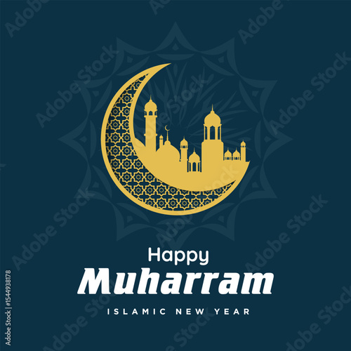 Happy Muharram Islamic Greeting Card Design with Decorative Islamic Background