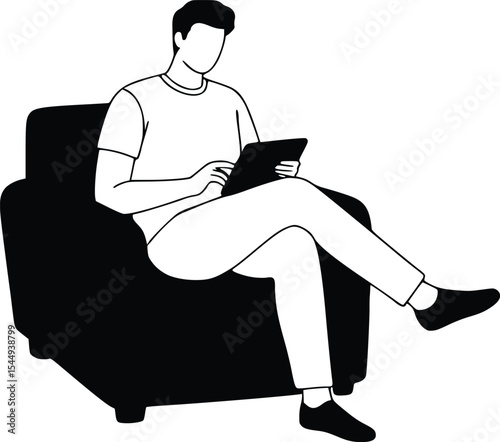 Relaxed person using tablet while sitting in an armchair, black and white line art for leisure or productivity themes

