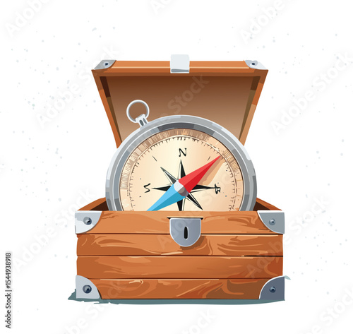 A weathered leather-bound compass lying open on a wooden crate, its needle pointing slightly off true north. The glass is scratched, and the metallic parts have oxidized to a muted bronze