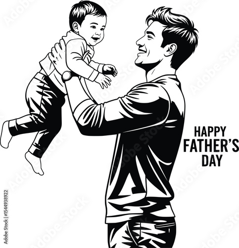 modern black and white father's day vector illustration stylish, minimalist design celebrating fatherhood, perfect for cards, social media, and gifts carrying lifting a child
