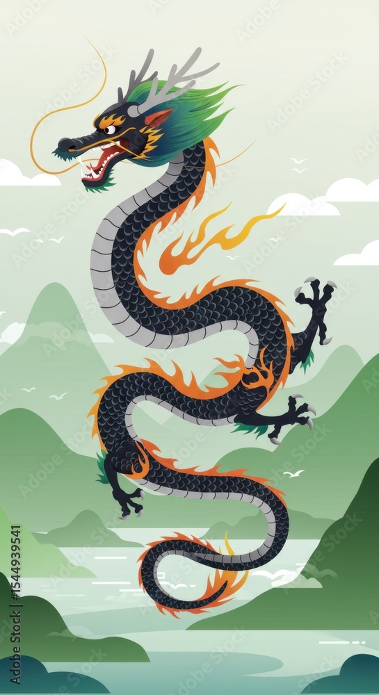 Obraz premium A traditional Asian dragon artwork featuring a fierce, coiled dragon with a golden and black color scheme. 