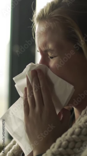 A young caucasian woman sneezes softly, eyes closed, a white tissue to her nose, snuggled in a warm knitted blanket. Soft natural light from a blurred window with bokeh highlights her pale