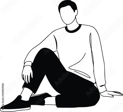Black and white line drawing of person sitting cross-legged and gesturing in a relaxed and thoughtful posture in profile