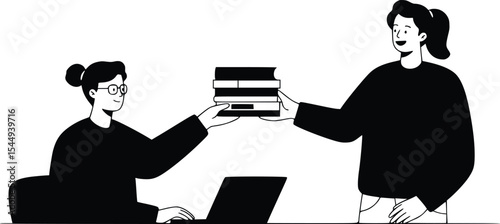 Silhouette of two people in workplace exchange collaboration scene with desk, laptop, and professional interaction