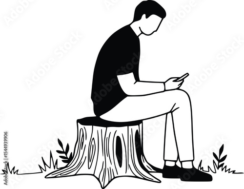 Black and white line drawing of person sitting on tree stump using a phone relaxed outdoor moment with natural setting