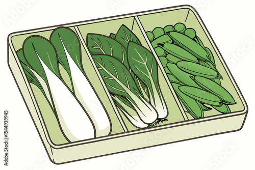 Bok choy and snap peas in a divided tray