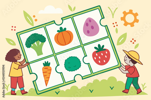 Children holding a puzzle with fruits and vegetables