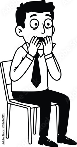 Black and white line drawing of shocked person in suit covering mouth, surprised reaction in professional setting