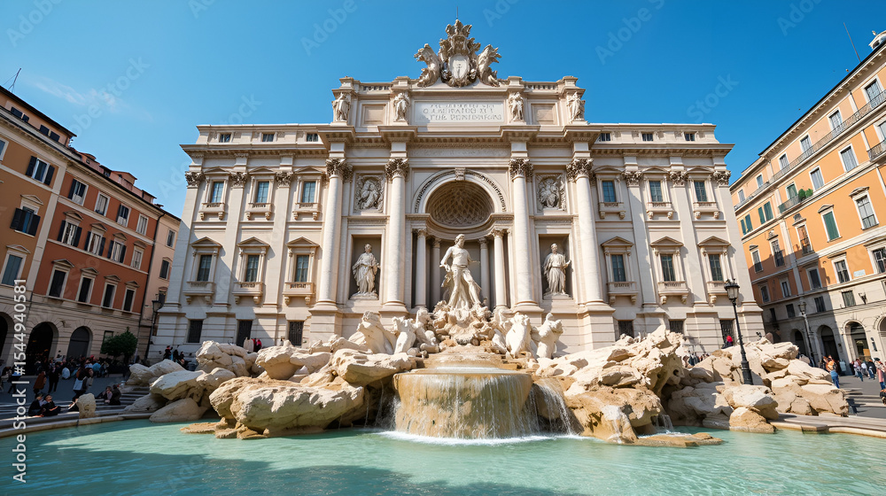 Naklejka premium Trevi Fountain (1762) - most famous and arguably the most beautiful fountain in all of Rome. Impressive monument dominates the small Trevi Square. Rome, Italy.