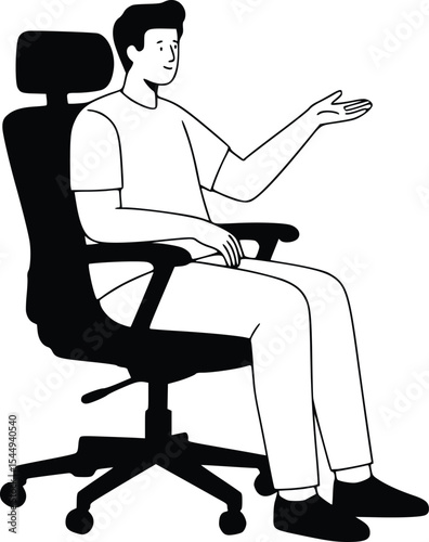 Black and white line drawing of person seated in office chair gesturing outward in a casual workplace communication scene