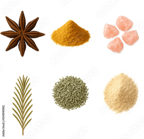 Natural spices and seasonings isolated on transparent background, featuring star anise, turmeric powder, Himalayan pink salt, dried rosemary, fennel seeds, and ground ginger for packaging, culinary 