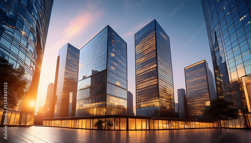 Fototapeta premium glass curtain walls of office towers with warm interior lighting suggesting activity enterprise and collaboration