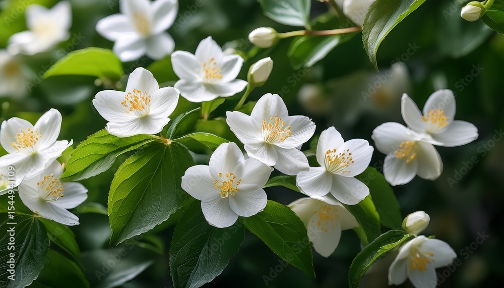 vista de cerca de flores de jazmin con fondo de follaje vista de cerca de flores de jazmin con fondo de follaje