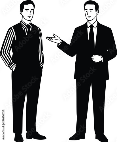 Silhouette of two people in profile, one in casual attire and one in suit, engaged in communication or presentation