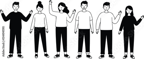 Silhouette of five people standing in a row with arms raised, a minimal illustration symbolizing unity and celebration