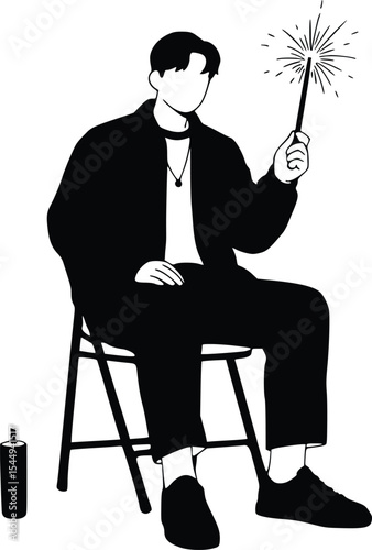 Silhouette of seated person holding sparkler, minimal festive and relaxed celebration illustration