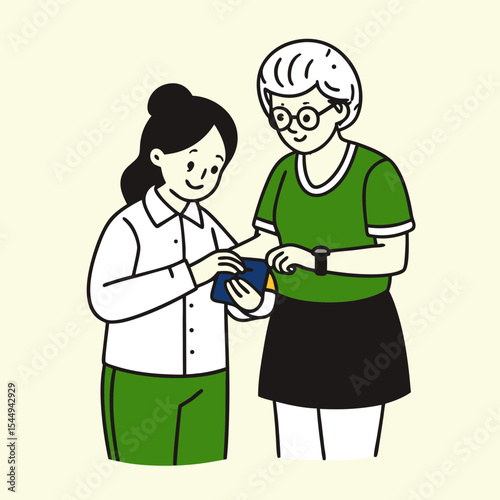 Elderly Woman Helps Young Woman Learn to Use Smartwatch in Community Center