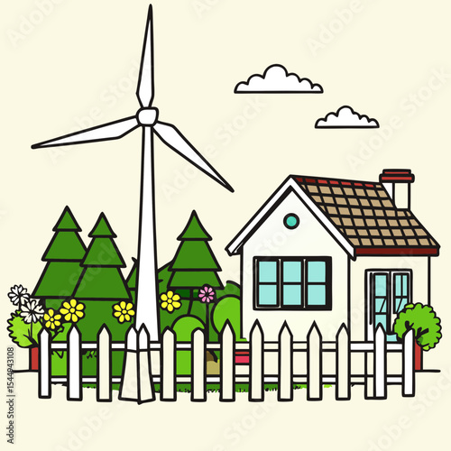 Modern Wind Turbine Stands Beside a Cozy Backyard Fence in a Serene Setting