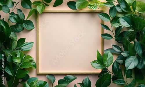 Gold frame with green leaves on a pastel background