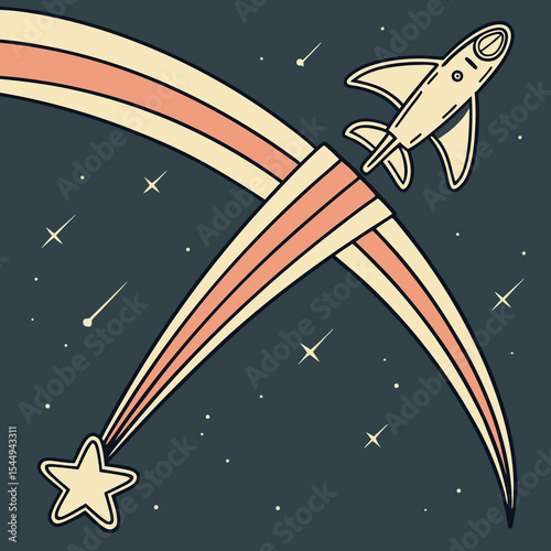 Retro Rocket Soaring Through Space Leaving a Starry Trail a whimsical cosmic design perfect for branding and logo creation