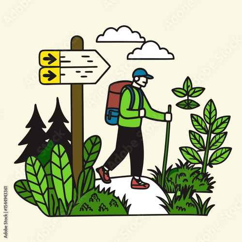 Exploring Sustainable Tourism With a Nature Trail Sign and Hiker
