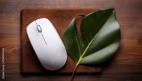 white wireless mouse and dark brown mousepad on rustic brown desk with green leaf