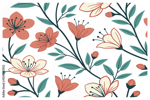 Elegant Floral Pattern Delicate Blossoms and Lush Greenery