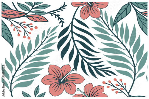 Elegant Tropical Floral Pattern Hibiscus and Palm Leaves Design