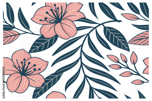 Elegant Floral Pattern Pink Blossom and Dark Green Leaves Seamless Design