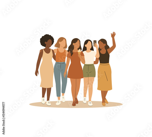 Diverse group of young women walking together smiling