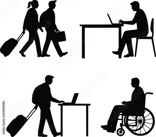 Silhouette showing suitcase pulling, desk work, collaboration, and wheelchair user in four quadrants