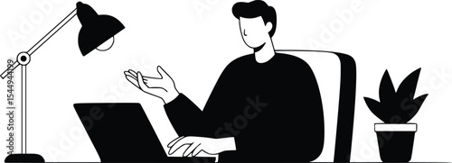 Silhouette of a person at a desk with laptop, lamp, and plant, engaged in work or communication

