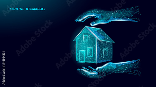 House held by polygonal hands. Digital home protection safety technology design. Real estate insurance security construction. Blue dark polygonal style vector