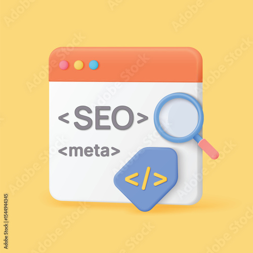 Modern 3D style browser window with SEO and meta tags, magnifying glass and code symbol, perfect for digital marketing, web development, and search optimization vector illustration