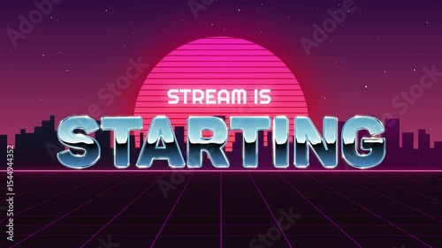 80s Retro Style Stream Starting Overlay Animation with Neon Grid and Synthwave Background