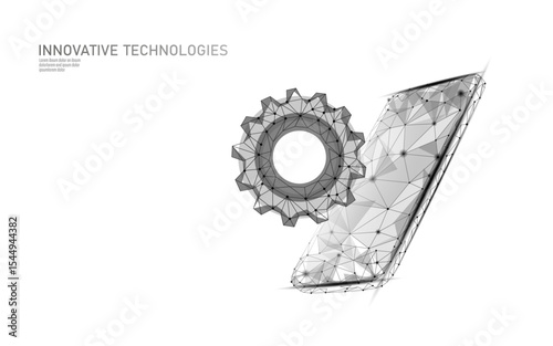 Smartphone gear abstract concept. Polygon device mechanism collaboration technology artwork. Mobile development software engineering networking. Low poly style white background vector