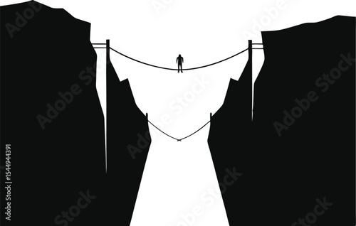 Solitary Figure on a Precarious Rope Bridge Between Two Cliffs Minimalist Black and White Illustration