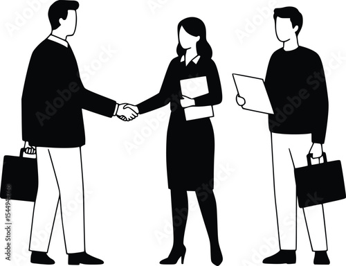 Silhouette of three professionals in a handshake scene symbolizing teamwork and formal business interaction