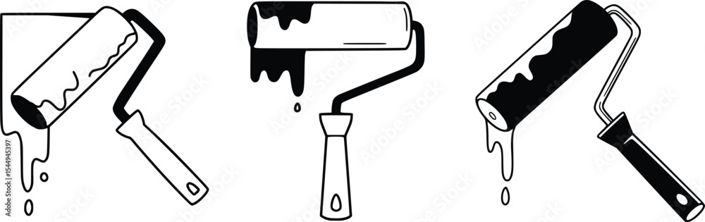 Line art showing three paintbrushes in profile with flat, pointed, and round tips for different artistic uses

