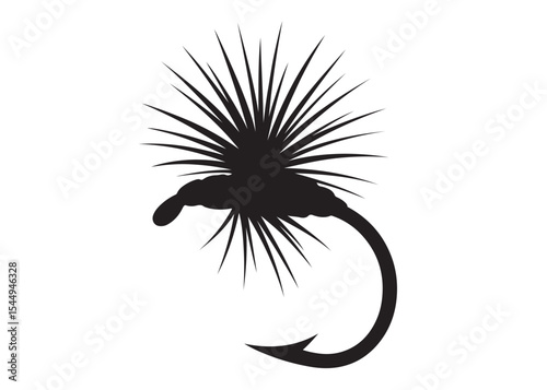 Black silhouette of a fly fishing logo vector, fly fishing lure logo icon silhouette, fly fishing hook silhouette, fly fishing flies silhouette vector design on white background