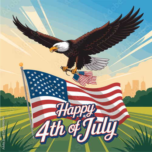 Happy 4th of July, A bald American eagle soaring with an American flag, a powerful symbol of freedom and nature