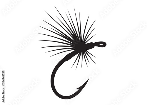 Black silhouette of a fly fishing logo vector, fly fishing lure logo icon silhouette, fly fishing hook silhouette, fly fishing flies silhouette vector design on white background