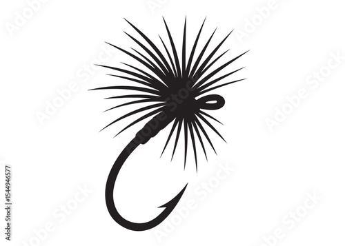 Black silhouette of a fly fishing logo vector, fly fishing lure logo icon silhouette, fly fishing hook silhouette, fly fishing flies silhouette vector design on white background